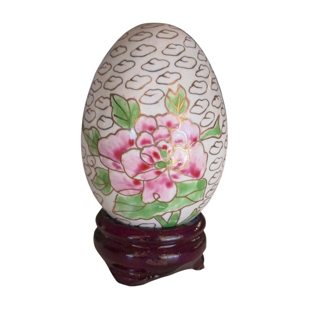 Vintage Cloisonné Floral Egg on Wooden Stand – Hand Painted Enamel Decor